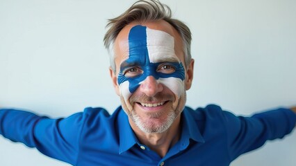Smiling man with finnish flag painted on face celebrating december 6 independence day finland concept