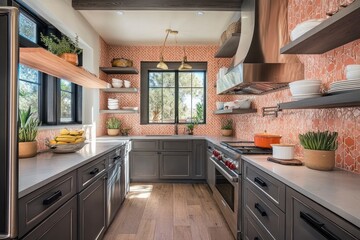 Fototapeta premium Modern Kitchen with Red Mosaic Tile Backsplash, Dark Cabinets, and a Window View