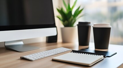 A sleek and modern home office featuring a computer, notebook, and a cup of coffee on a minimalist desk. The design is clean and contemporary, emphasizing simplicity and functionality.
