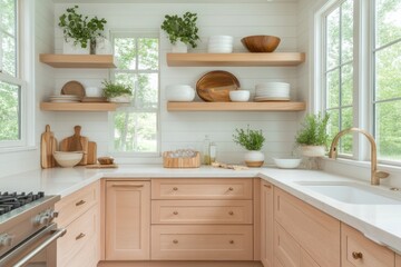 Fototapeta premium Modern Kitchen with Light Wood Cabinets and Open Shelving