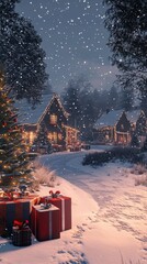 Snowfall blankets a cozy cabin adorned with holiday lights and gifts in a winter wonderland