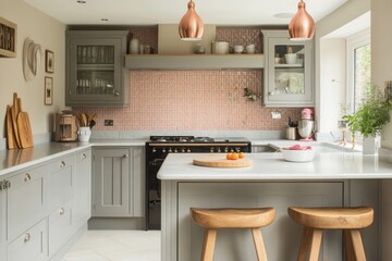 Modern Kitchen with Gray Cabinets, Copper Lights, and a White Island