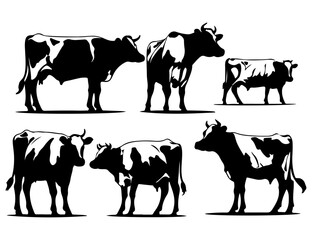 Fototapeta premium Black Silhouette outlines of cows in various poses