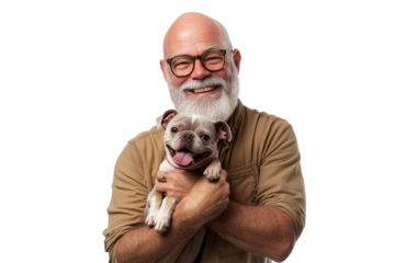 Happy Old man carrying his beloved dog with a beaming smile, capturing a beautiful and affectionate pet moment isolated on transparent png background