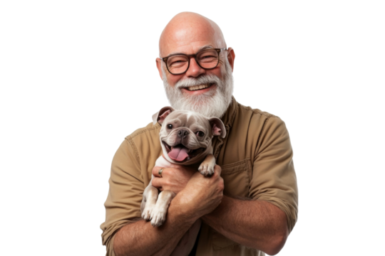 Happy Old man carrying his beloved dog with a beaming smile, capturing a beautiful and affectionate pet moment isolated on transparent png background