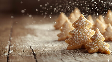 Christmas Tree Shaped Cookies with Powdered Sugar Dusting on Rustic Wooden Table - Festive Christmas tree-shaped cookies lightly dusted with powdered sugar, arranged on a rustic wooden table.