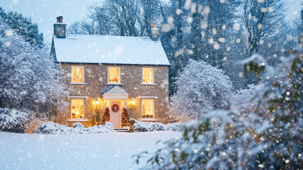 Christmas country house cottage in the English countryside style in winter season, festive holidays decoration and snow