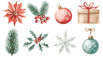 Vector watercolor christmas illustration set with Fir, christmas flower, snowflakes, berries, ornaments, gift, presents and mittens