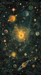 A vibrant cosmic solar system illustrates planets, stars, and celestial bodies in a dynamic arrangement, showcasing the beauty and complexity of the universe in great detail