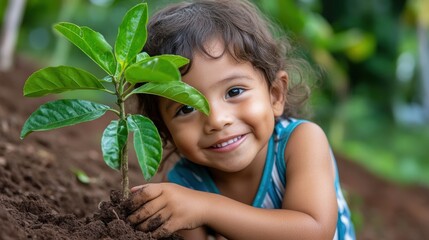 Naklejka premium Smiling child planting a young tree in a garden, fostering a love for nature, AI