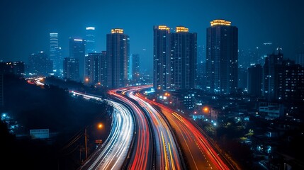 Obraz premium A long exposure shot of a highway with blurred car lights at night, with tall buildings in the background.
