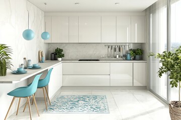 Fototapeta premium Modern Kitchen with Blue Accents and a White Marble Countertop