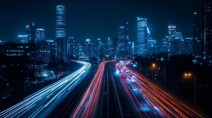 A long exposure shot of a highway in a city at night, with the city skyline in the background. The lights of the cars create streaks of light, showcasing the busy nature of urban life.