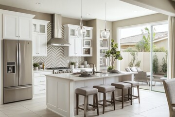 Fototapeta premium Modern Kitchen with Stainless Steel Appliances and Island Seating