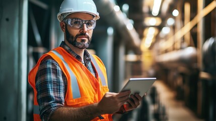 Construction worker in safety vest and hard hat using tablet in industrial facility