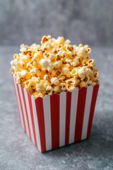Delicious buttery popcorn in a red and white striped box