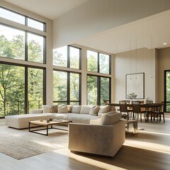 Fototapeta premium A spacious open-concept living and dining area featuring large windows, neutral color palette, and modern furniture