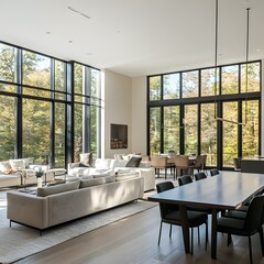 A spacious open-concept living and dining area featuring large windows, neutral color palette, and modern furniture