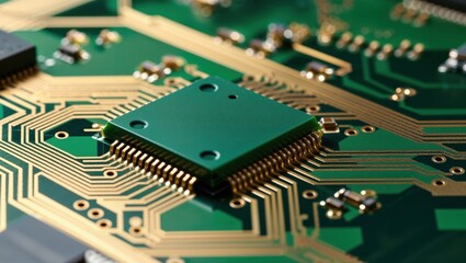 Obraz premium A close-up view of a green printed circuit board featuring intricate gold circuitry and a square microchip, showcasing the details of modern electronic technology.