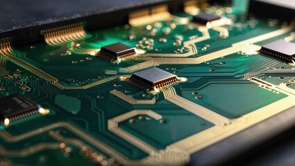 Close-up view of a green circuit board featuring intricate gold pathways and black microchips, emphasizing the complexity of modern technology.