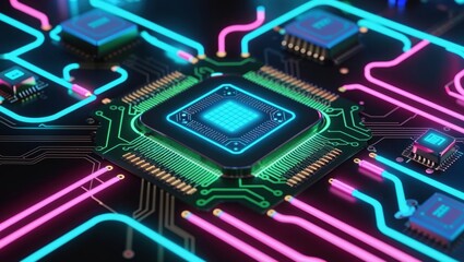 A vibrant close-up of a computer processor on a circuit board, showcasing intricate neon pathways, metallic components, and a futuristic aesthetic.