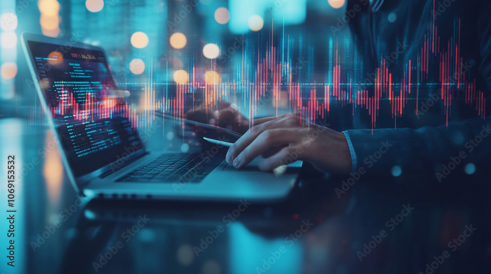 Poster businessman examining financial data on laptop and digital tablet, with illuminated graphs and chart