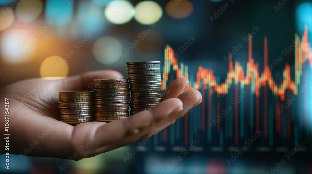 Poster man in business attire holds piles of coins with a stock market chart in the background depicting ga