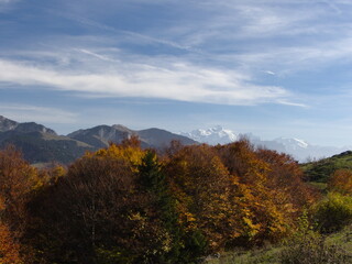 paysage en automne avec vue sur le Mont-Blanc, sur le plateau de Plaine-Joux, situé dans le Chablais dans les Alpes