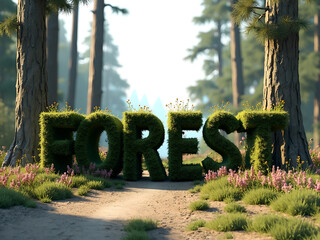 Forest, 3D realistic forest script. Forest path, wild flowers, tall pine trees and nature background.