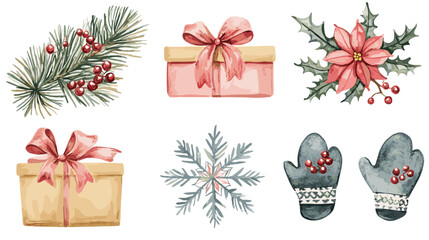 Vector watercolor christmas illustration set with Fir, christmas flower, snowflakes, berries, ornaments, gift, presents and mittens