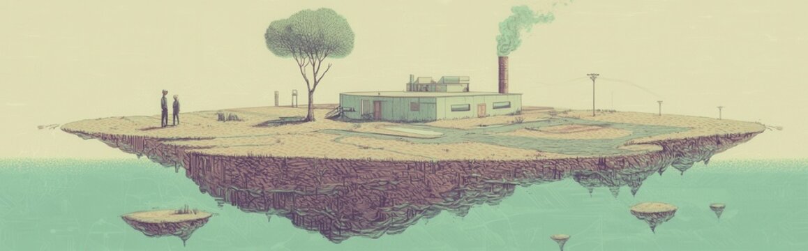 Industrial Island in Abstract Economic Landscape. An artistic depiction of a factory on a floating piece of land, highlighting themes of environmental impact and industrial independence.

