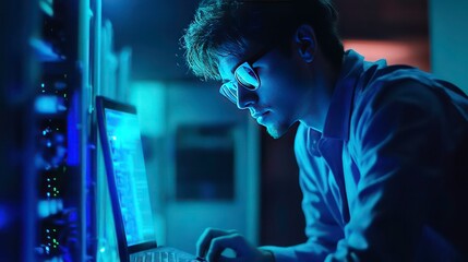 A focused individual working on a laptop in a dimly lit tech environment.