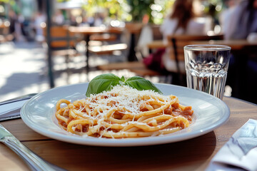 Bucatini pasta with a rich Amatriciana sauce, served with freshly grated cheese and basil leaves in an outdoor cafe.