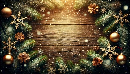 Rustic Christmas background with pine branches and snowflakes on wood