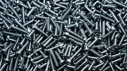 Screws and bolts for furniture repair. A pile of shiny metal screws in various orientations, tightly packed together, with multiple reflections creating a textured surface.