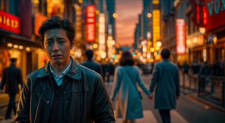 Pensive man in bustling cityscape at dusk
