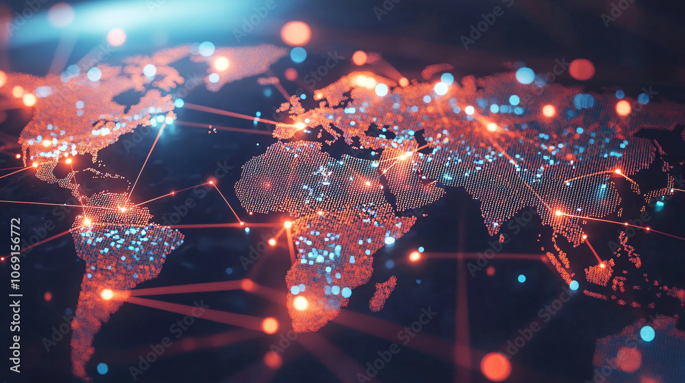 Poster glowing abstract world map with intricate lines, showcasing global connections. dark blues, vibrant 