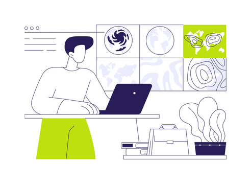 man working on laptop, maps, charts, white style clip art preview