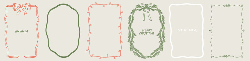 Christmas decoration border with fir branches, bow and ribbon, lights in vintage doodle style for poster, placards and invitations. Christmas and New Year design holiday frame vector illustration set.