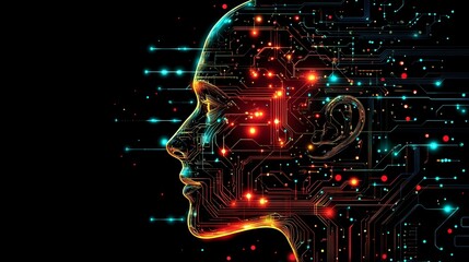 Fototapeta premium Futuristic profile of human ai being head with aritficial intelligence neural network digital circuits glowing elements