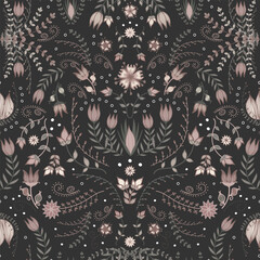 Gothic floral pattern featuring pink tulips and green foliage in a vintage folk style. Symmetrical and decorative, with whimsical flowers on a black background for a Fairy-core look.