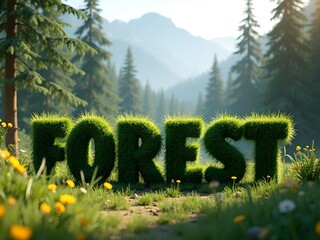 Forest, 3D realistic forest script. Forest path, wild flowers, tall pine trees and nature background. Digital art...