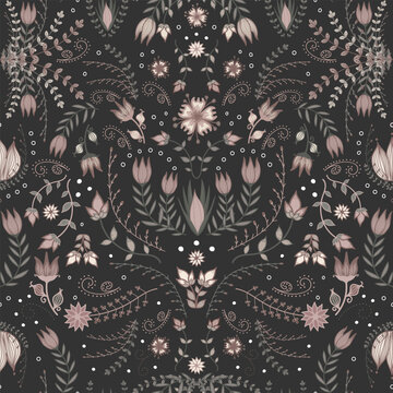 Gothic floral pattern featuring pink tulips and green foliage in a vintage folk style. Symmetrical and decorative, with whimsical flowers on a black background for a Fairy-core look.