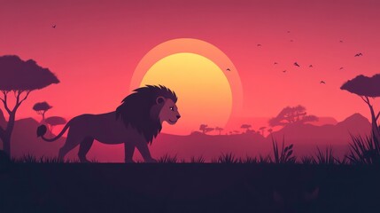 Naklejka premium A silhouette of a lion against a vibrant sunset in a serene landscape.