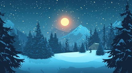 Fototapeta premium Winter Night with Snowy Mountains and Stars