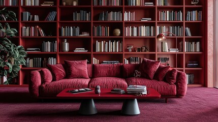Modern chic living area with a red sofa, contemporary table, and matching shelves.