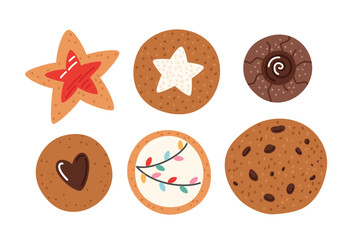 Christmas cookies set. Various holiday xmas bakery. Food flat vector illustrations collection isolated on white background