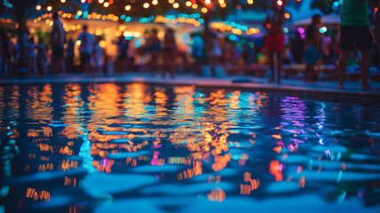 A lively evening pool party with colorful lights reflecting on the water