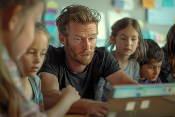 Obraz premium Portrait of children and teacher looking at laptop in the classroom