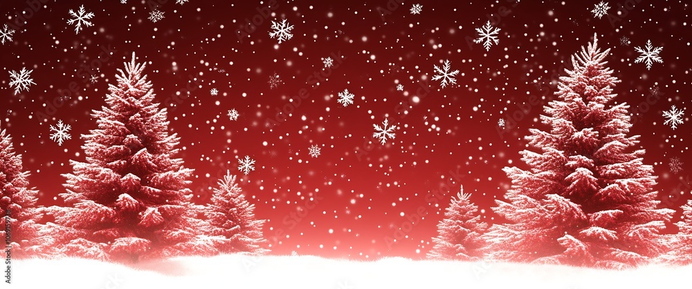 Aufkleber red and white christmas snow scene with pine trees and falling snowflakes : generative ai